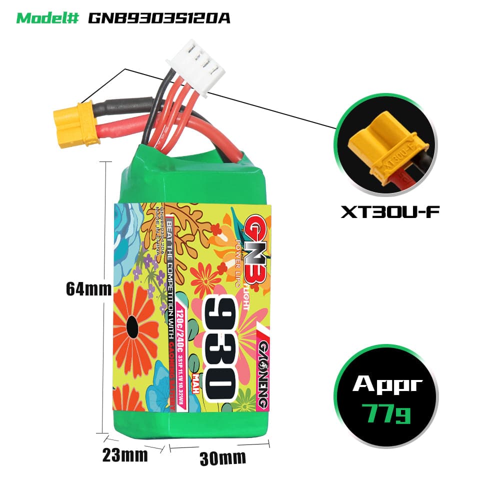 Gaoneng GNB 930mAh 11.1V 3S 120C Lipo Battery - XT30 for fpv drones