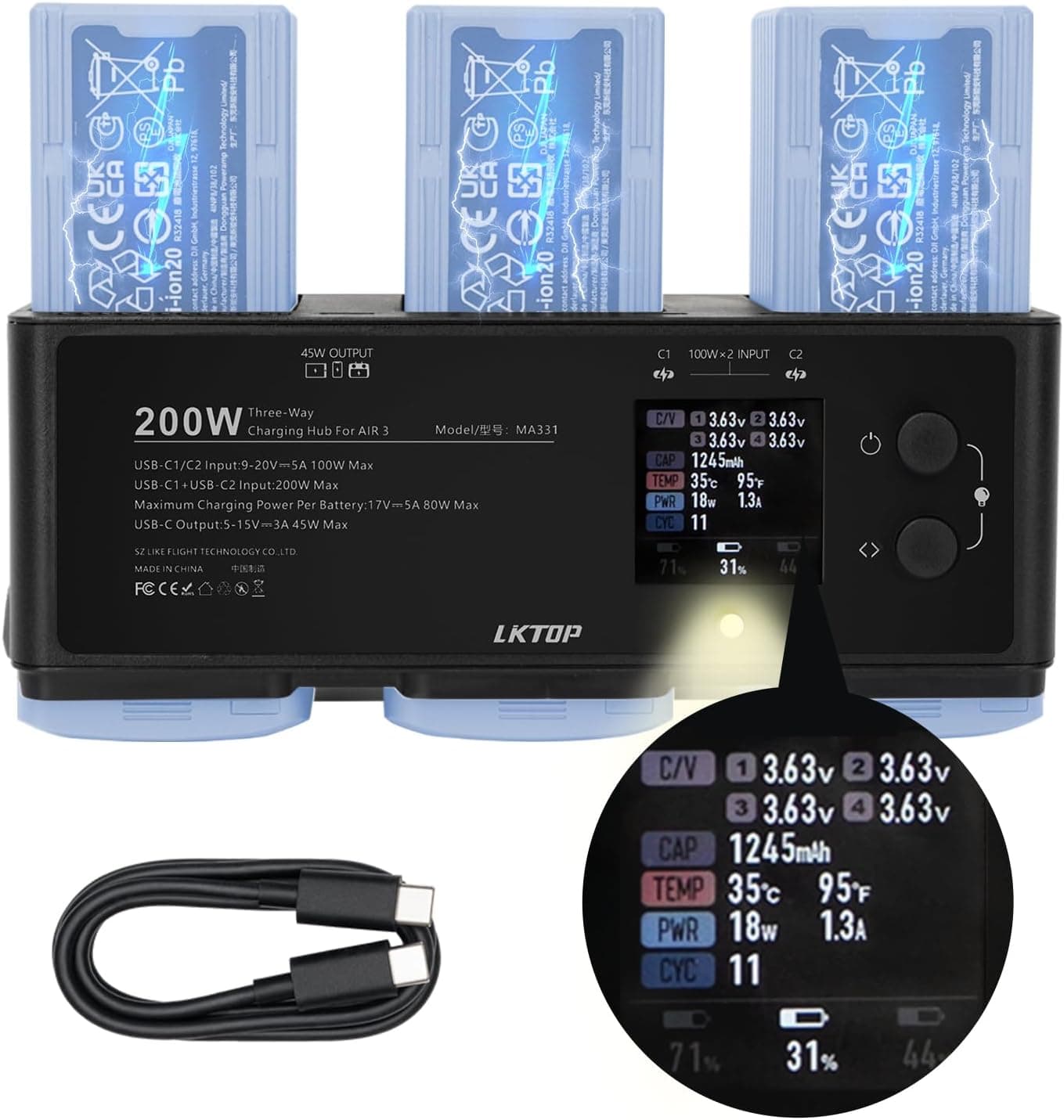 LKTOP 200W Air 3 Series Battey Charging Hub for DJI/Specta Air 3 Series Drone,  with Gather Average Electricity/Fast Charging/Storage/LED/Alarm Mode, LED Display Screen