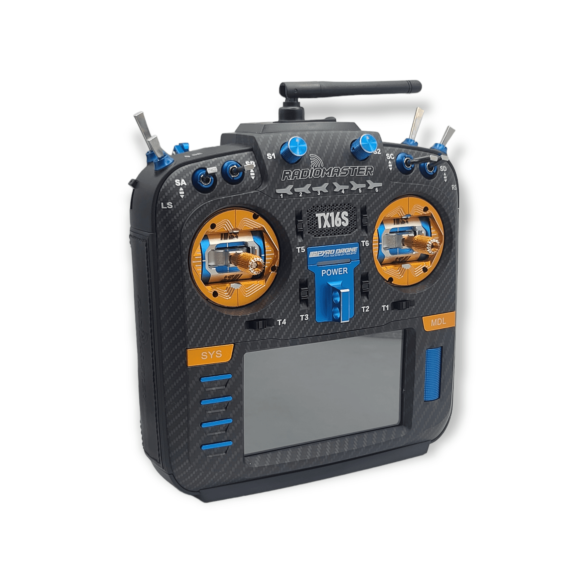 RadioMaster TX16S MKII MAX AG01 Pyrodrone Edition - Carbon Face Plate, Pyro AG01 Gimbals, Blue/Orange CNC parts, Black Leather Grips & 5000mAh 2S Li-Ion Battery - Choose Protocol for fpv drones 2