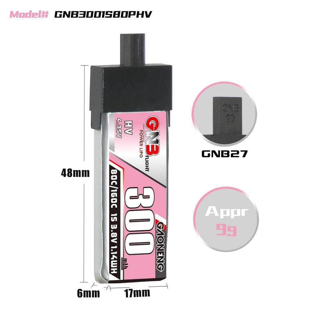GNB 1S 3.8V HV 300MAH 80C GNB27 Plastic Head LiPo Battery for fpv drones 1