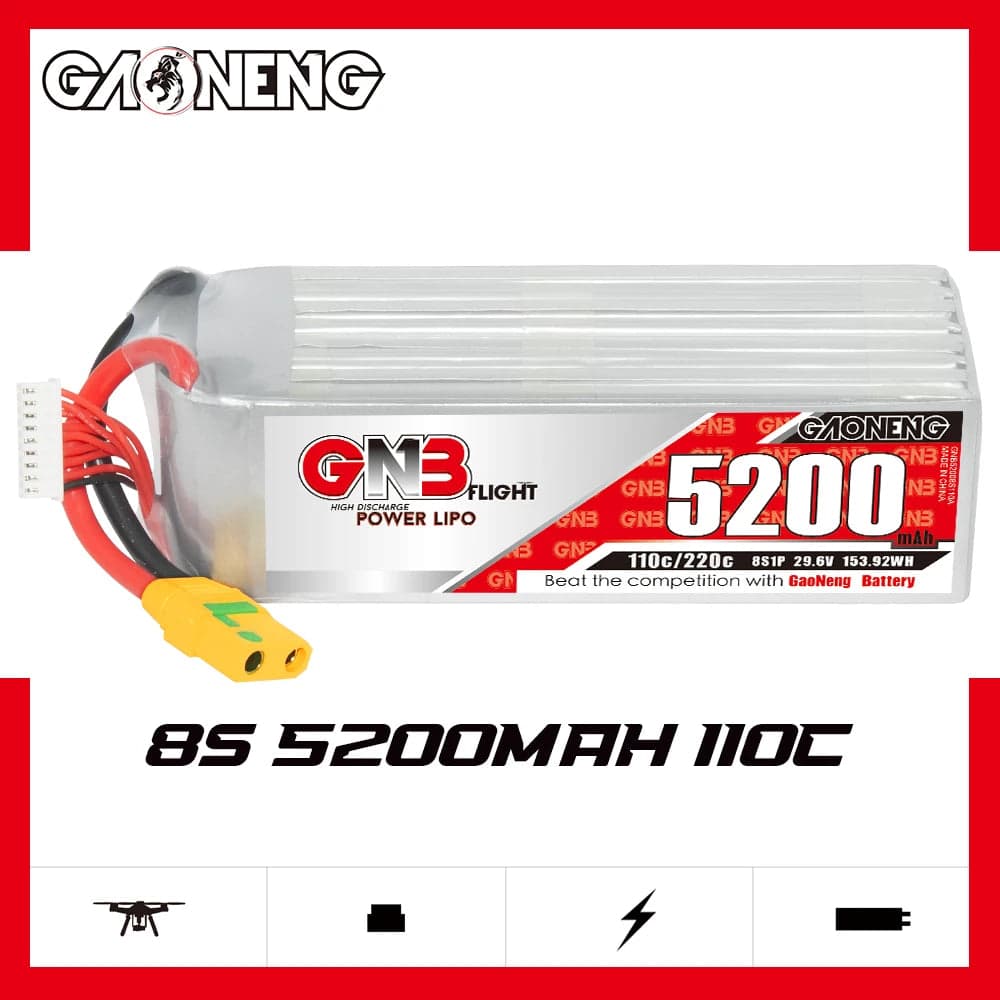 Gaoneng GNB 5200mAh 29.6V 8S 110C Long Range/Cinelifter Lipo Battery - XT90S for fpv drones 1