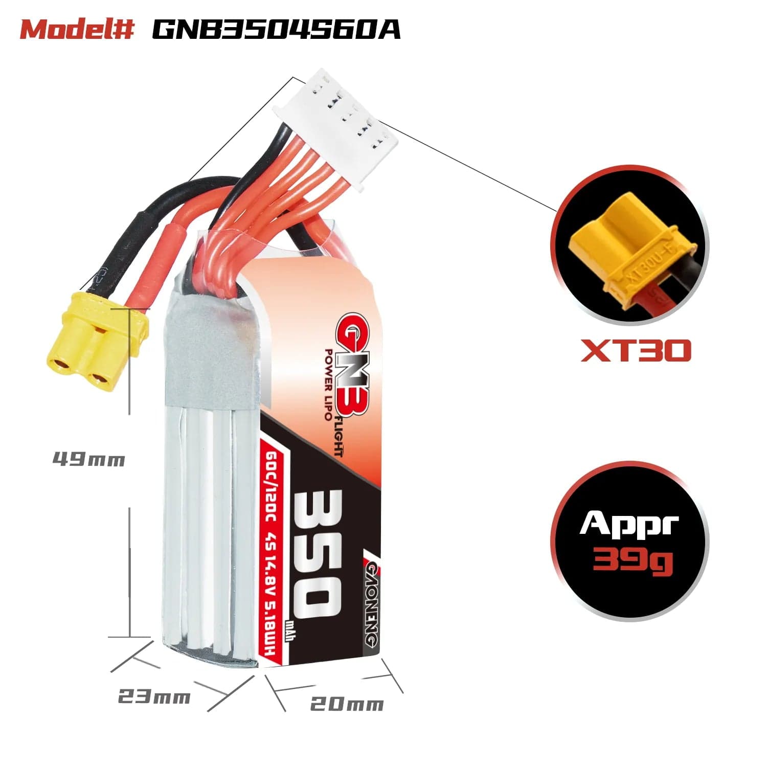 GAONENG GNB 4S 14.8V 350mAh 60C XT30 LiPo Battery [DG] for fpv drones 1