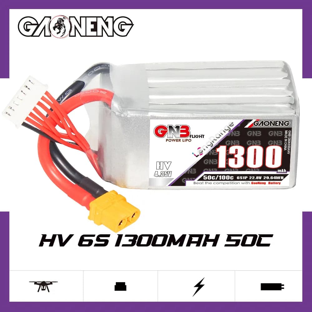 GAONENG GNB LiHV 6S 22.8V 1300mAh 50C XT60 LiPo Battery [DG] for fpv drones