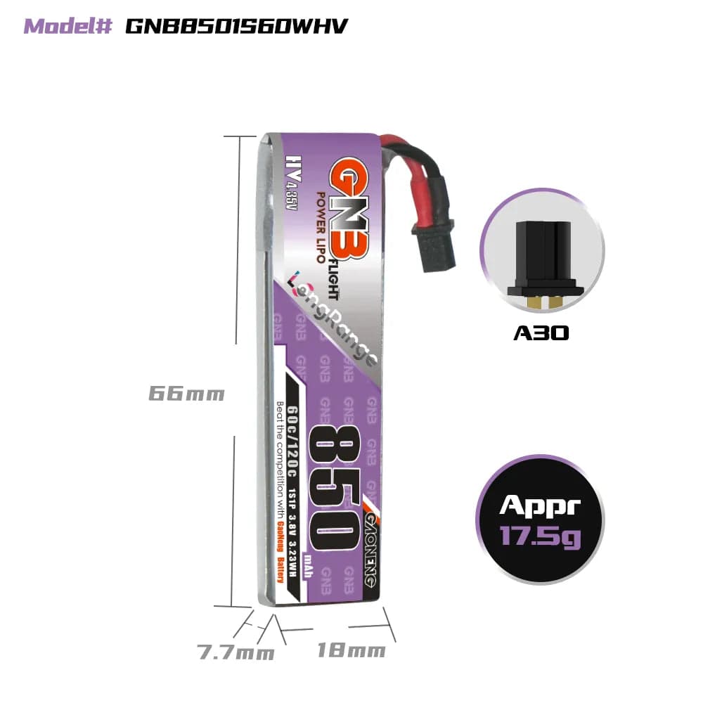 GAONENG GNB LiHV 1S 3.8V 850mAh 60C A30 Cabled LiPo Battery Long Range [DG] for fpv drones 1