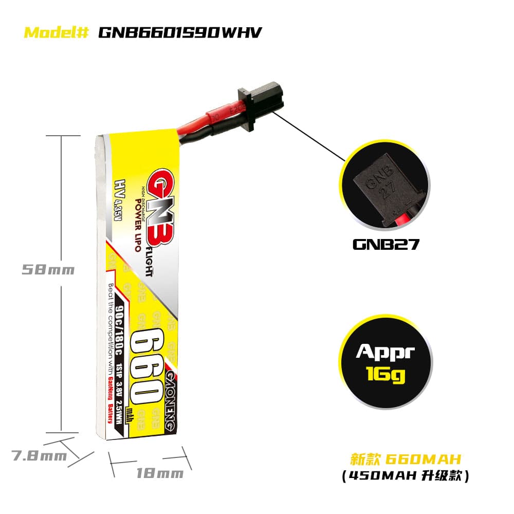 Gaoneng GNB 1S 660MAH 90C HV Li-Po Battery - GNB27 - 6PCS for fpv drones