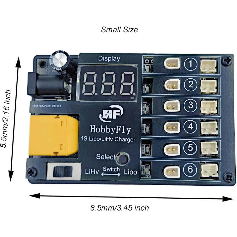 HOBBYFLY 1S LiPo/LiHV Battery Charger 6 Ports BT2.0/PH2.0 Low Voltage Input Protection - with Power Adapter for fpv drones 3