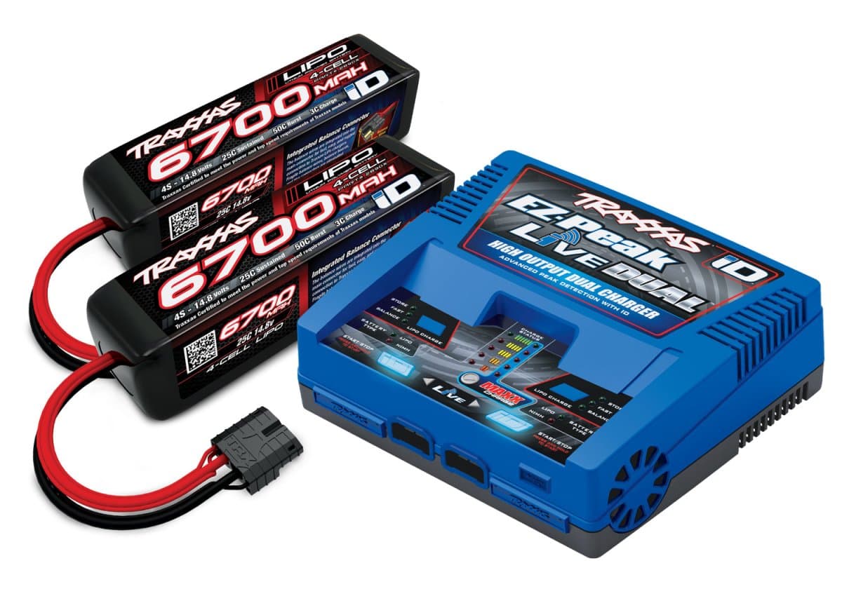 Traxxas 4S Combo (2x ID Lipo 4S 14,8V 6700 mAh 25C & 1x EZ-Peak Live Dual Ladegerät) for fpv drones