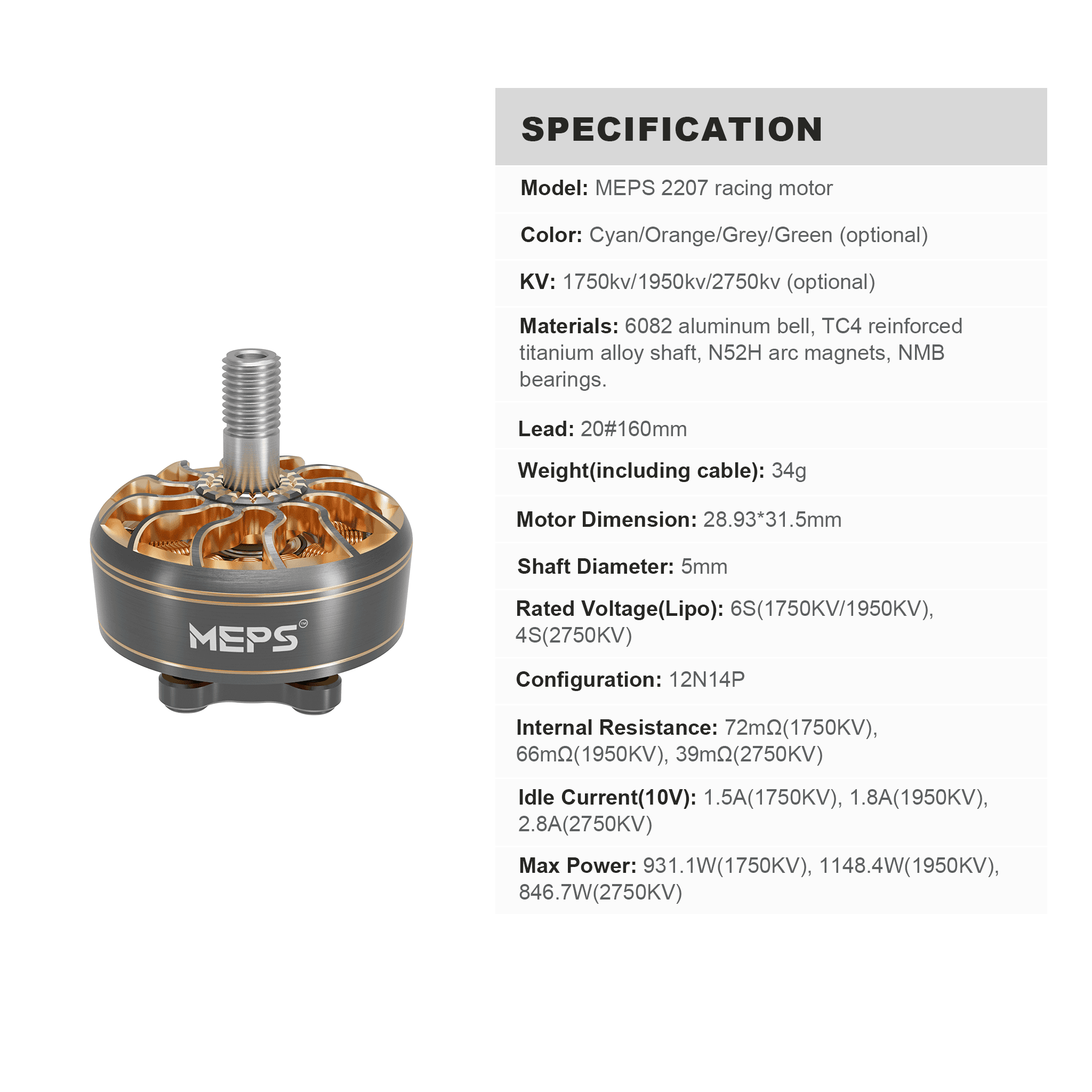 【Limited Offer】MEPS SZ2207 FPV Racing Motor 1750KV/2750KV Orange/Grey for fpv drones 24
