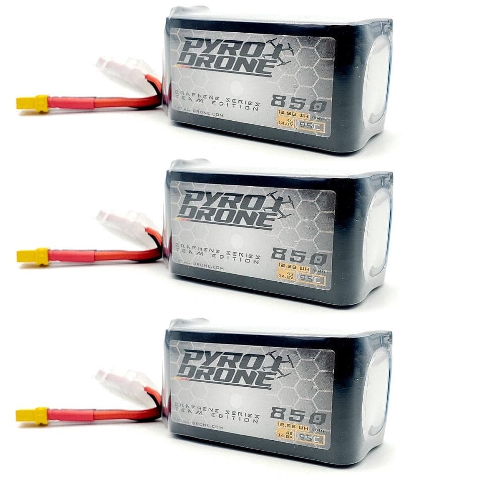 3-Pack Pyrodrone Graphene 850mAh 4S 14.8V 95C Lipo Battery - XT30 for fpv drones