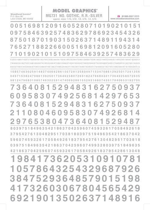 Woodland Scenics MG731 Gothic R.R. Numbers Silver 1/16-5/16"Train Decal Sheet for fpv drones