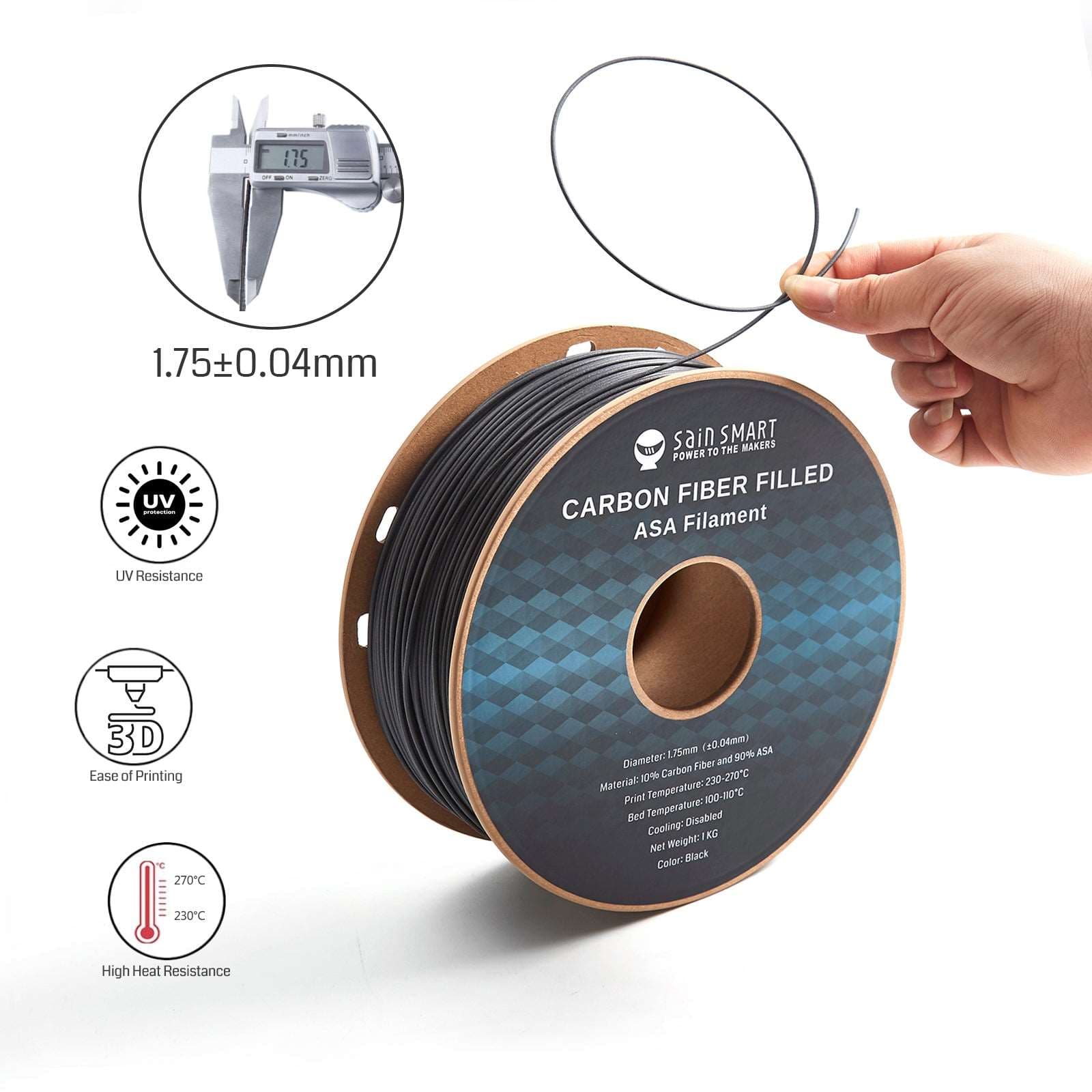 Carbon Fiber ASA Filament, 1.75mm Black, UV & Weather Resistant, Fit for Outdoor Functional Parts, 1kg, Accuracy +/- 0.04 mm for fpv drones 2