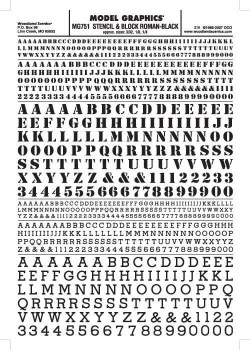 Woodland Scenics MG751 Stencil/Roman Ltr/Num Blk 3/32,1/8,1/4 Train Decal Sheet for fpv drones