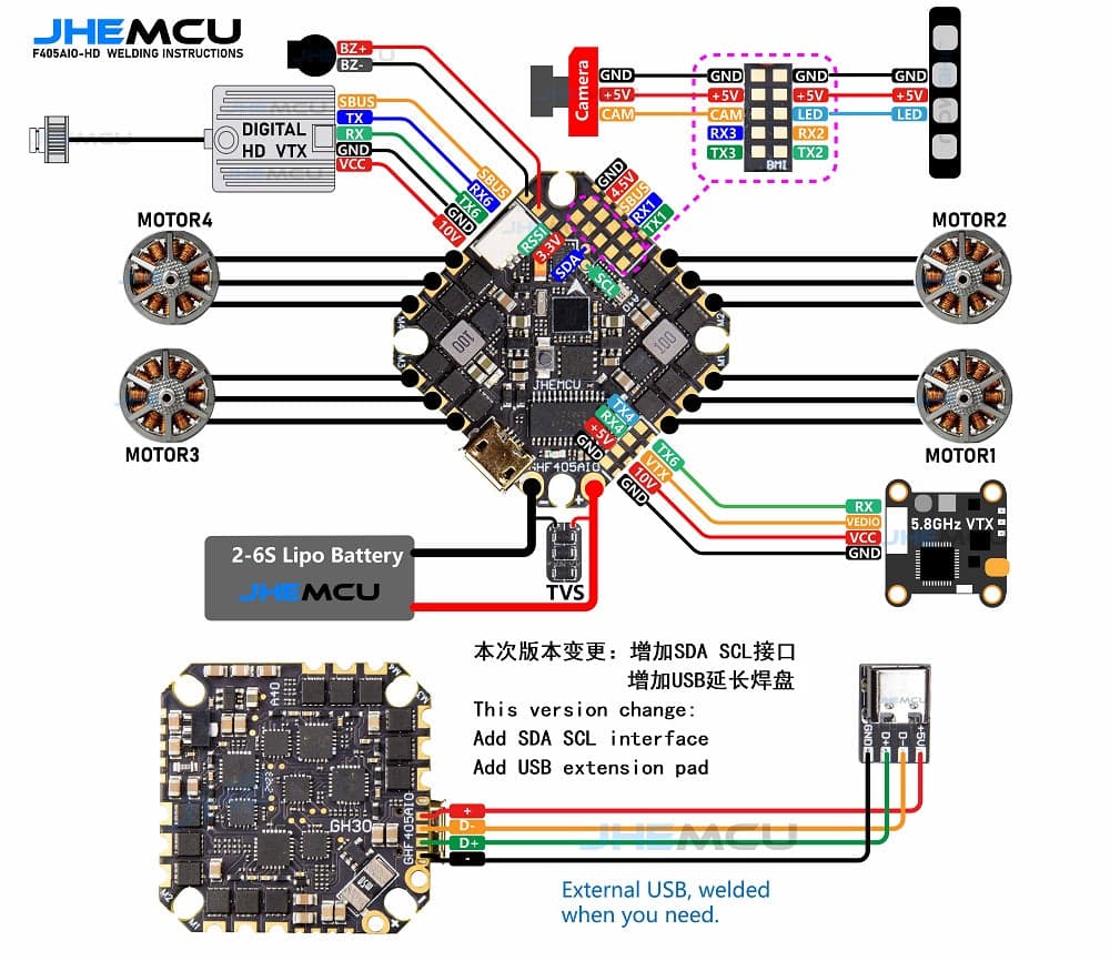 JHEMCU GHF405 F4 HD 2-6S AIO Whoop/Toothpick Flight Controller (w/ 40A 16Bit 4in1 ESC) for fpv drones 2