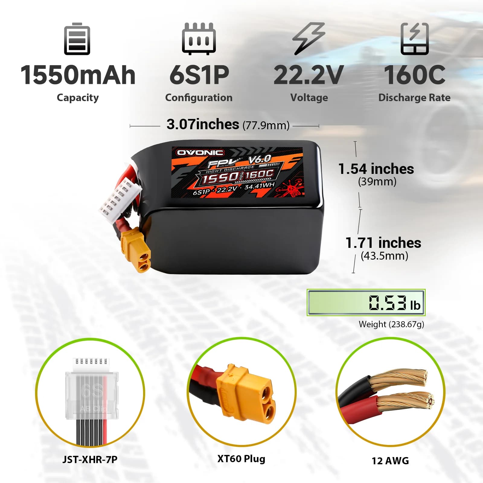 Pack 2 Baterias LiPo 6S 1550mAh 160C Ovonic XT60 FPV Racing | IHA Race for fpv drones 2