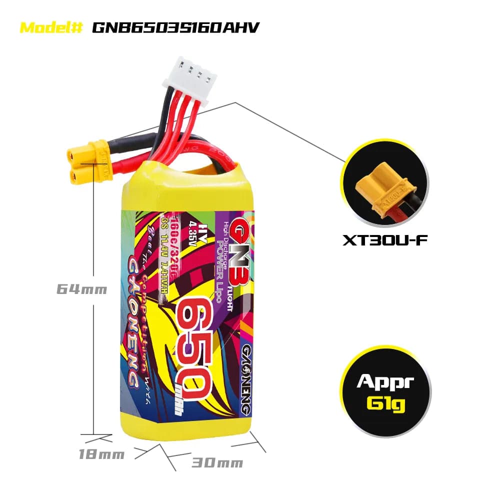 Gaoneng GNB 3S 11.4V 650mAh 160C HV Lipo Battery - XT30 for fpv drones