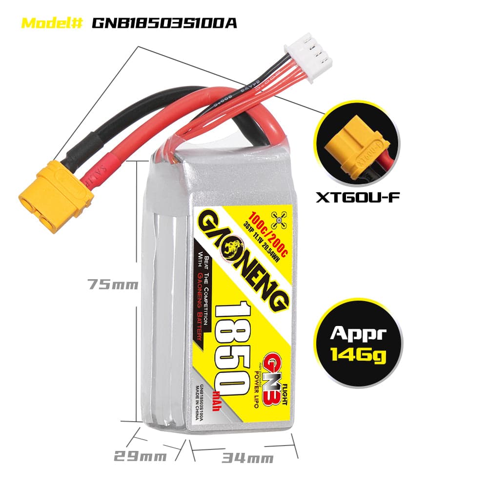 Gaoneng GNB 1850mAh 11.1v 3S 100C Lipo Battery - XT60 for fpv drones
