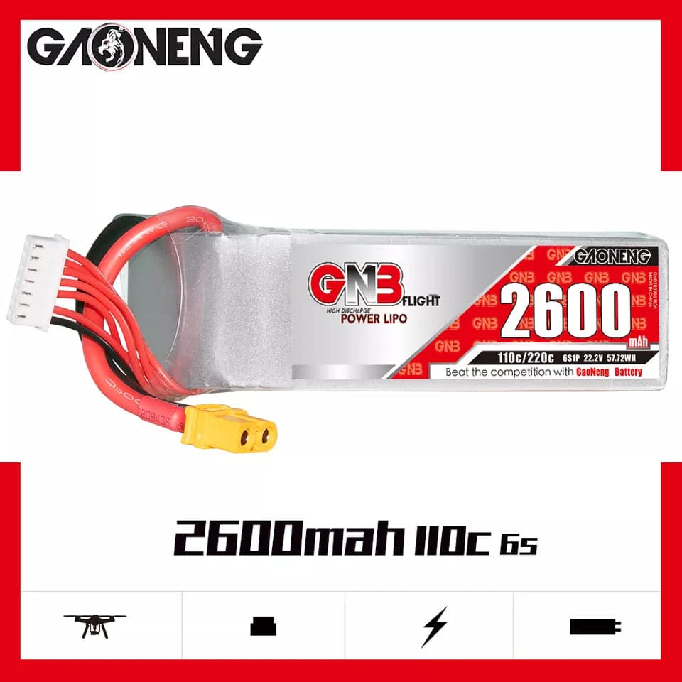 Gaoneng GNB 2600mAh 22.2V 6S 110C Long Range/Cinelifter Lipo Battery - XT60 for fpv drones 2