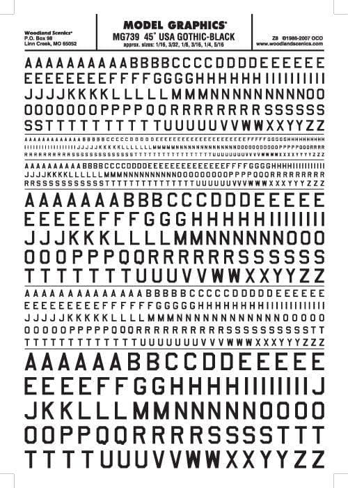 Woodland Scenics MG739 45 Deg USA Gothic Letter Blk 1/16-5/16 Train Decal Sheet for fpv drones