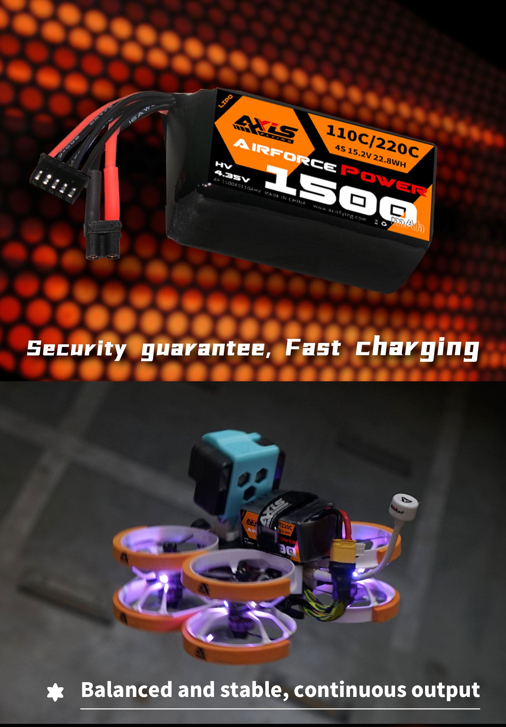 Axisflying 1500mAh 4S 110C LiPo Battery (XT30) for Airforce Pro by GNB [DG] for fpv drones 3