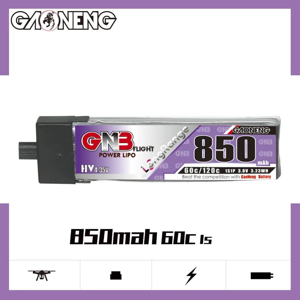 GAONENG GNB LiHV 1S 3.8V 850mAh 60C A30 Plastic Head LiPo Battery Long Range [DG] for fpv drones