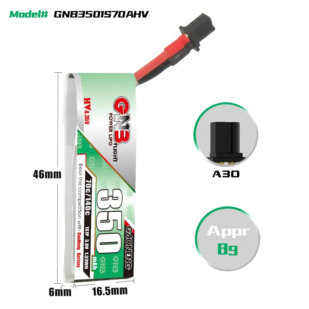 GAONENG GNB LiHV 1S 3.8V 350mAh 70C A30 Cabled LiPo Battery [DG] for fpv drones 4
