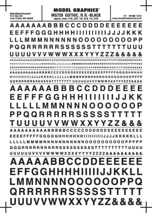 Woodland Scenics MG720 Gothic R.R. Letters Black 1/16-5/16" Train Decal Sheet for fpv drones
