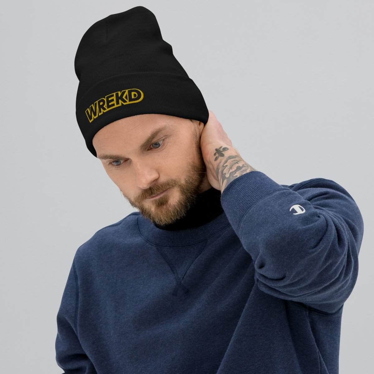 WREKD Gold on Black Logo Knit Beanie for fpv drones 1