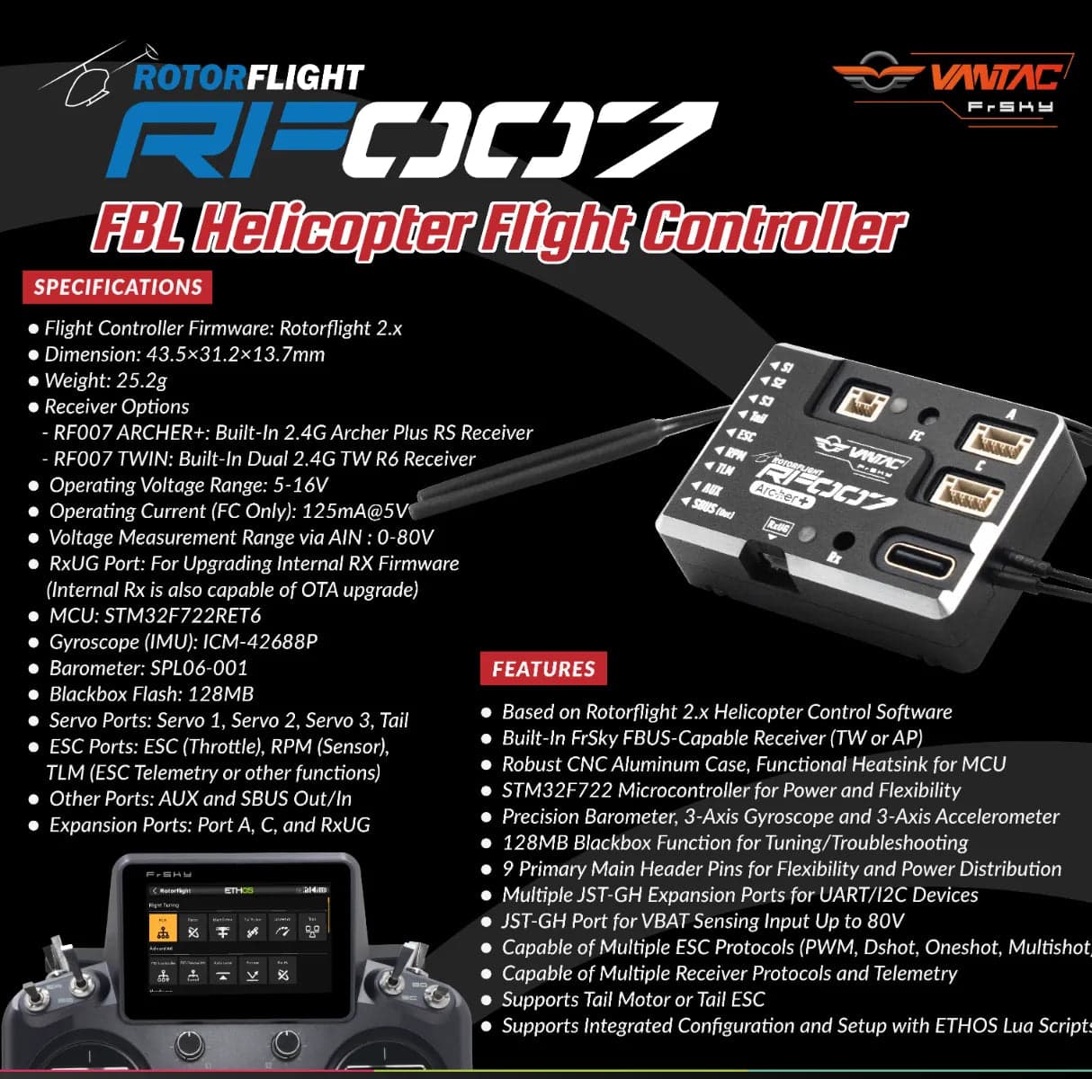 ROTORFLIGHT VANTAC RF007 Archer+, Twin, FBL Helicopter Flight Controller for fpv drones