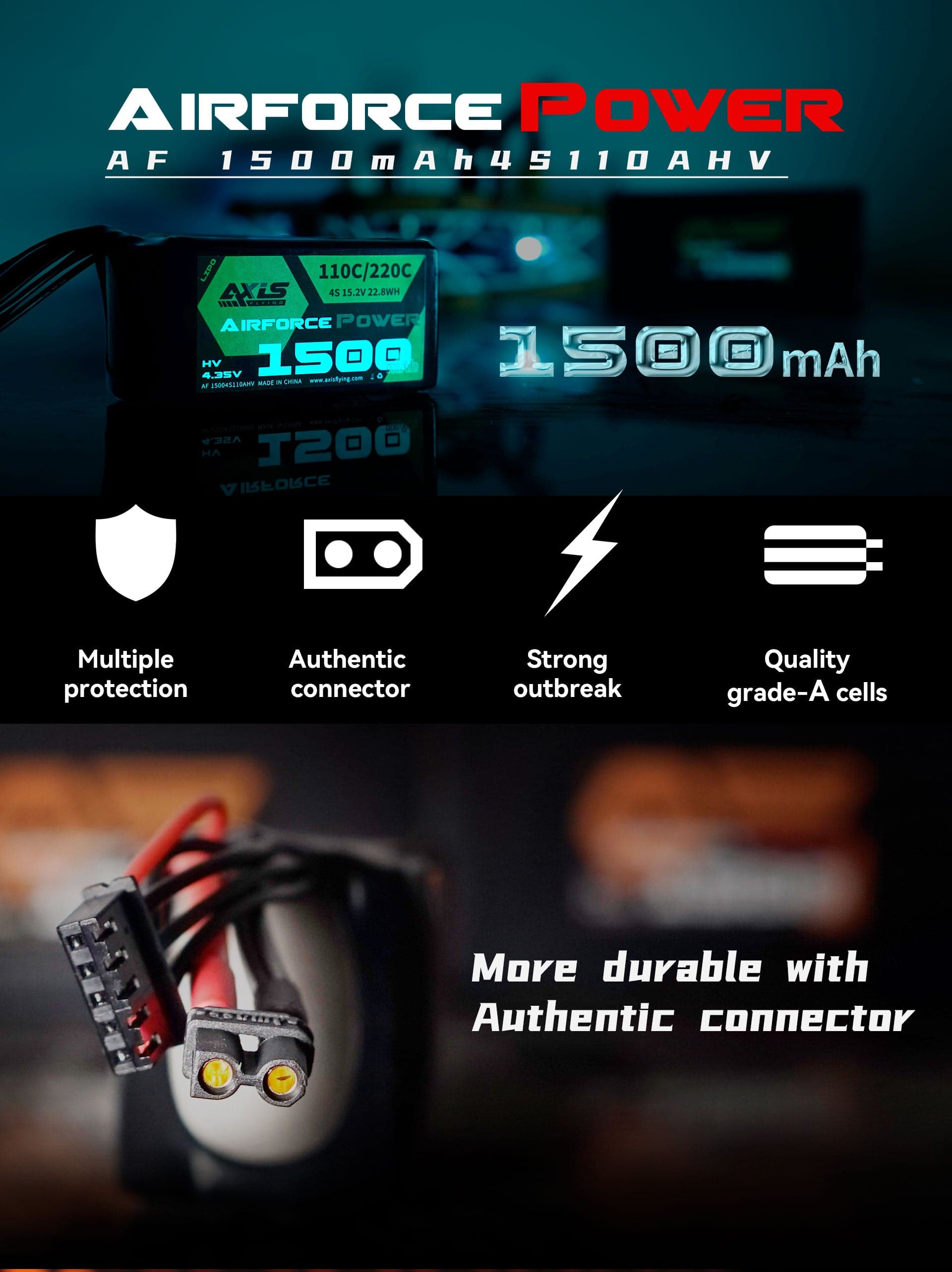 Axisflying 1500mAh 4S 110C LiPo Battery (XT30) for Airforce Pro by GNB [DG] for fpv drones 2