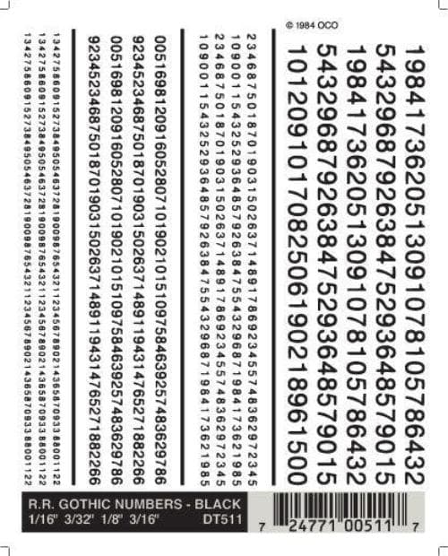 Woodland Scenics DT511 RR Gothic Numbers Black 1/16-3/16" Train Decal Sheet for fpv drones