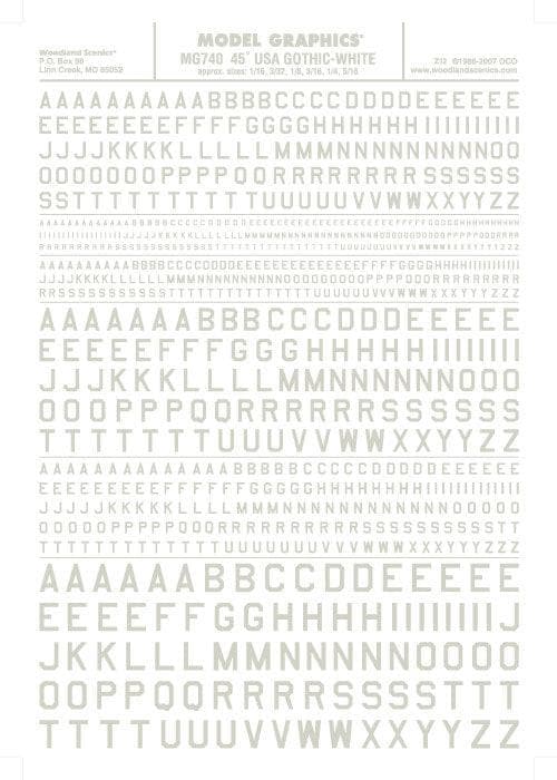 Woodland Scenics MG740 45 Deg USA Gothic Letter Wht 1/16-5/16Train Decal Sheet for fpv drones