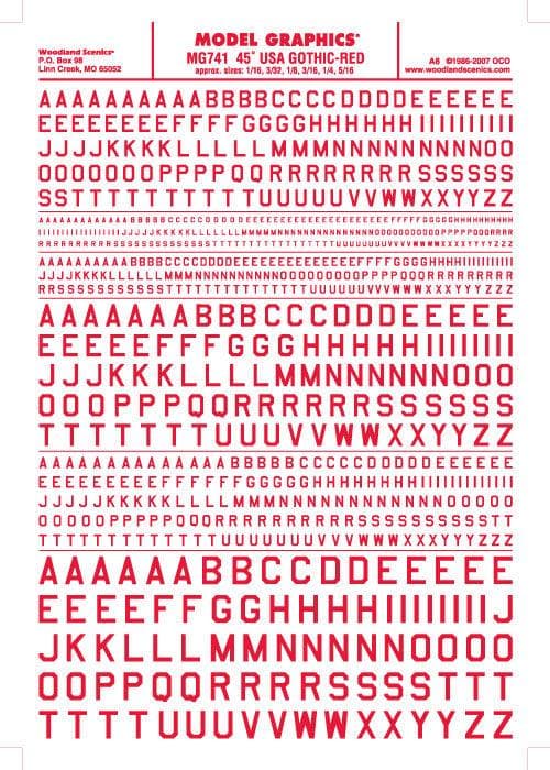 Woodland Scenics MG741 45 Deg USA Gothic Letter Red 1/16-5/16 Train Decal Sheet for fpv drones