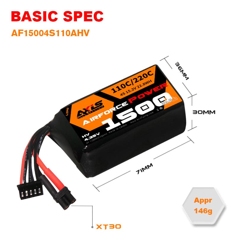 Axisflying 1500mAh 4S 110C LiPo Battery (XT30) for Airforce Pro by GNB [DG] for fpv drones 1