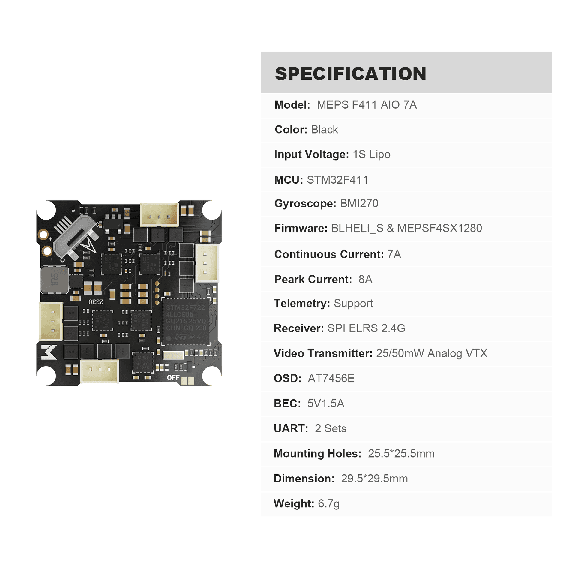 MEPS SZ F411 1S 7A AIO Flight Controller Analog for Micro Drones 25.5x25.5 for fpv drones 2