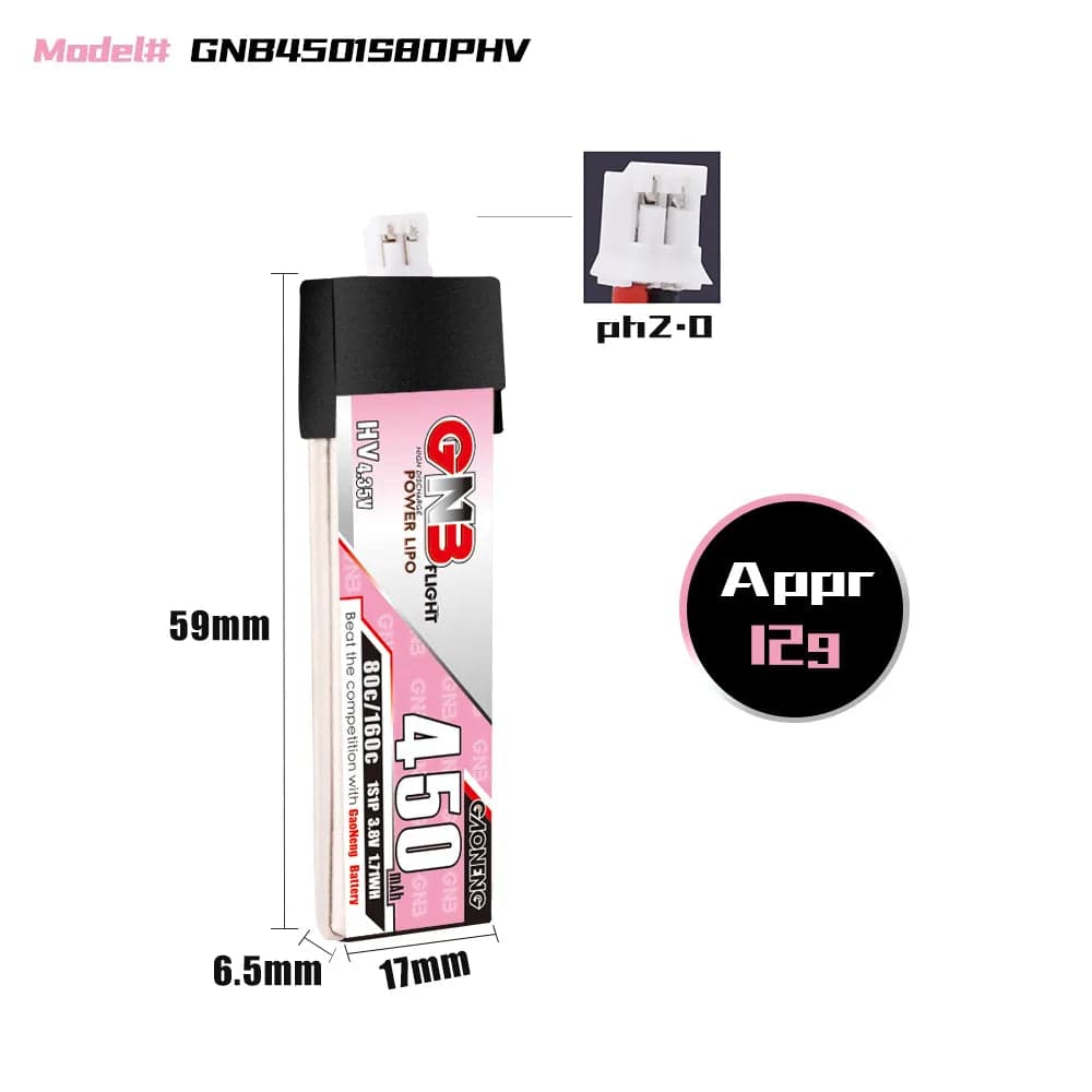 Gaoneng GNB 1S 450MAH 80C 3.8V HV Li-Po Battery for Whoop Micro - PH2.0 Plastic Head for fpv drones