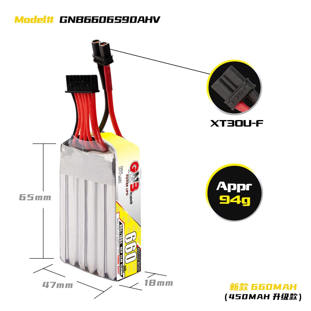 Gaoneng GNB 6S 660MAH 90C HV Li-Po Battery - XT30 for fpv drones