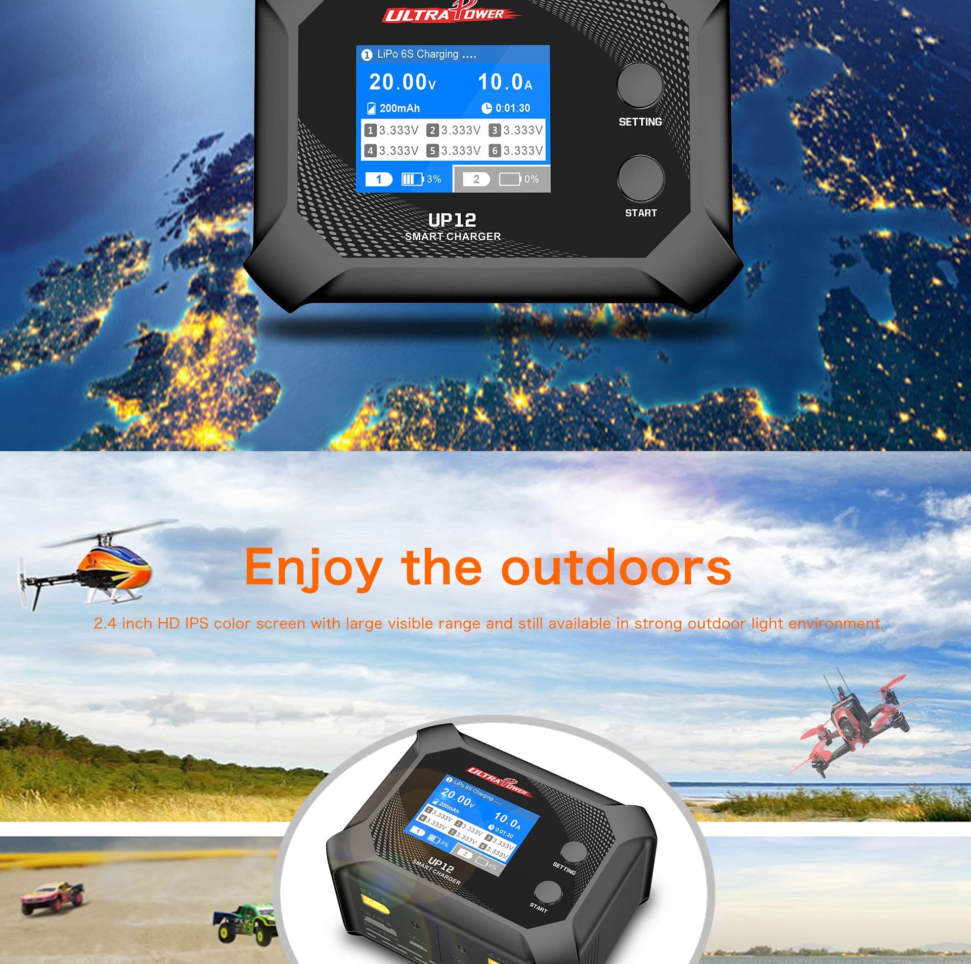 Ultra Power 12 200W, 10A Smart Dual Channel AC Charger for fpv drones 5