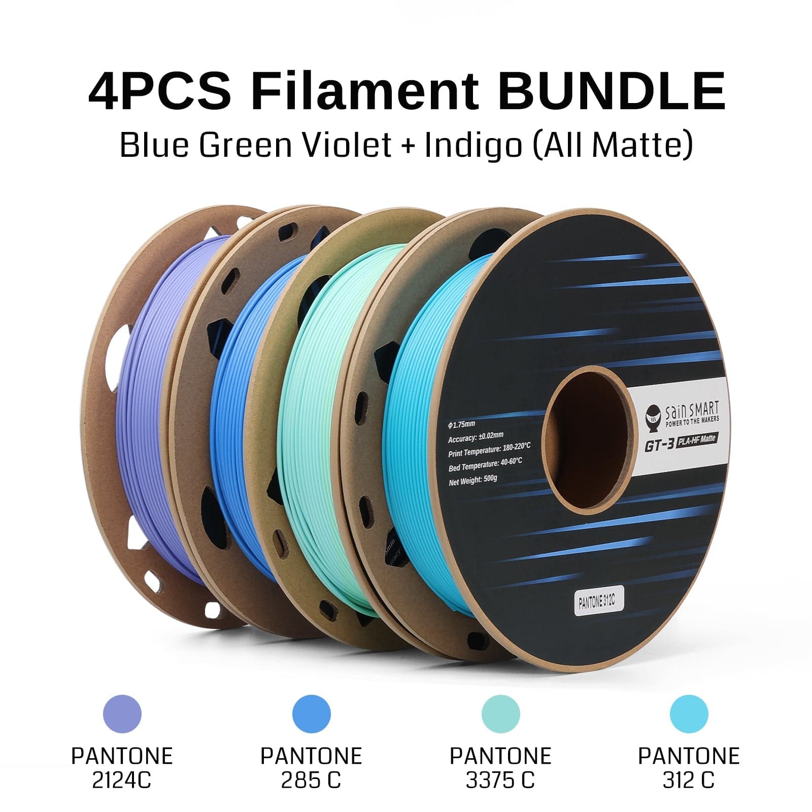 GT-3 High Speed Four-Color Bundle Matte PLA Filament, 1.75mm 500g X 4 Spools, 4.4lbs (2kg) Blue, Green, Violet, Indigo for fpv drones 4