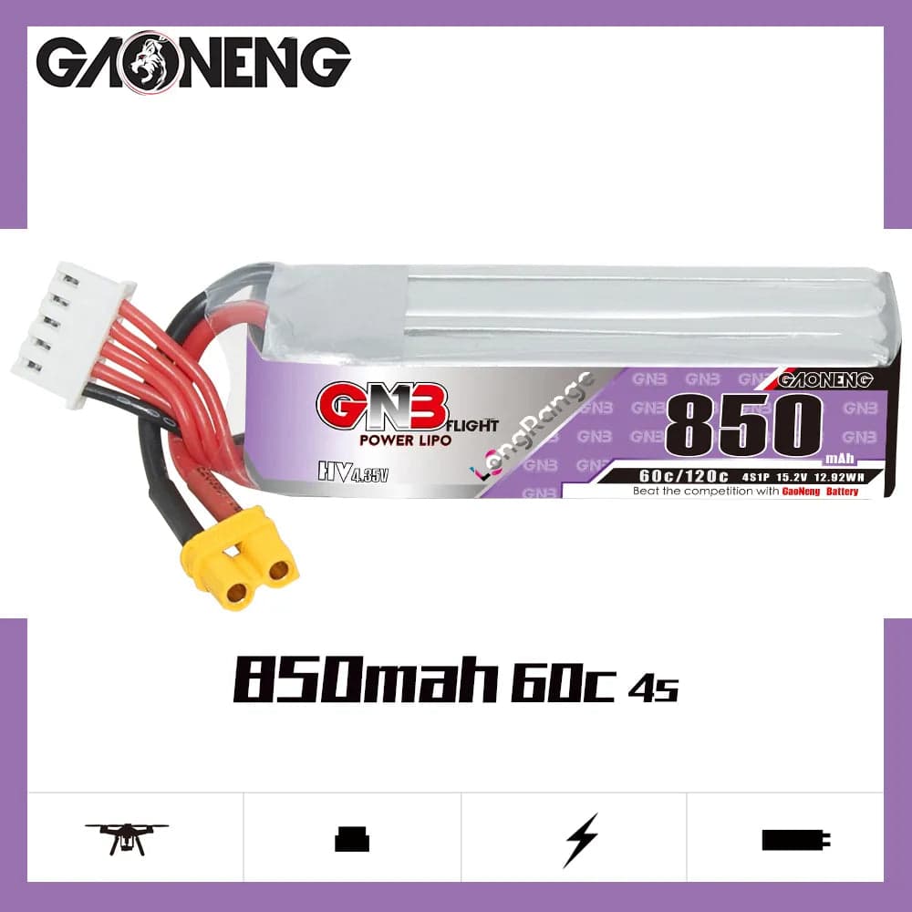 GAONENG GNB LiHV 4S 15.2V 850mAh 60C XT30 LiPo Battery Long Range [DG] for fpv drones 1