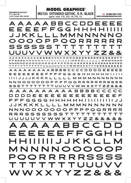 Woodland Scenics MG734 Ext Gothic RR Letters Black 1/16-1/4" Train Decal Sheet for fpv drones