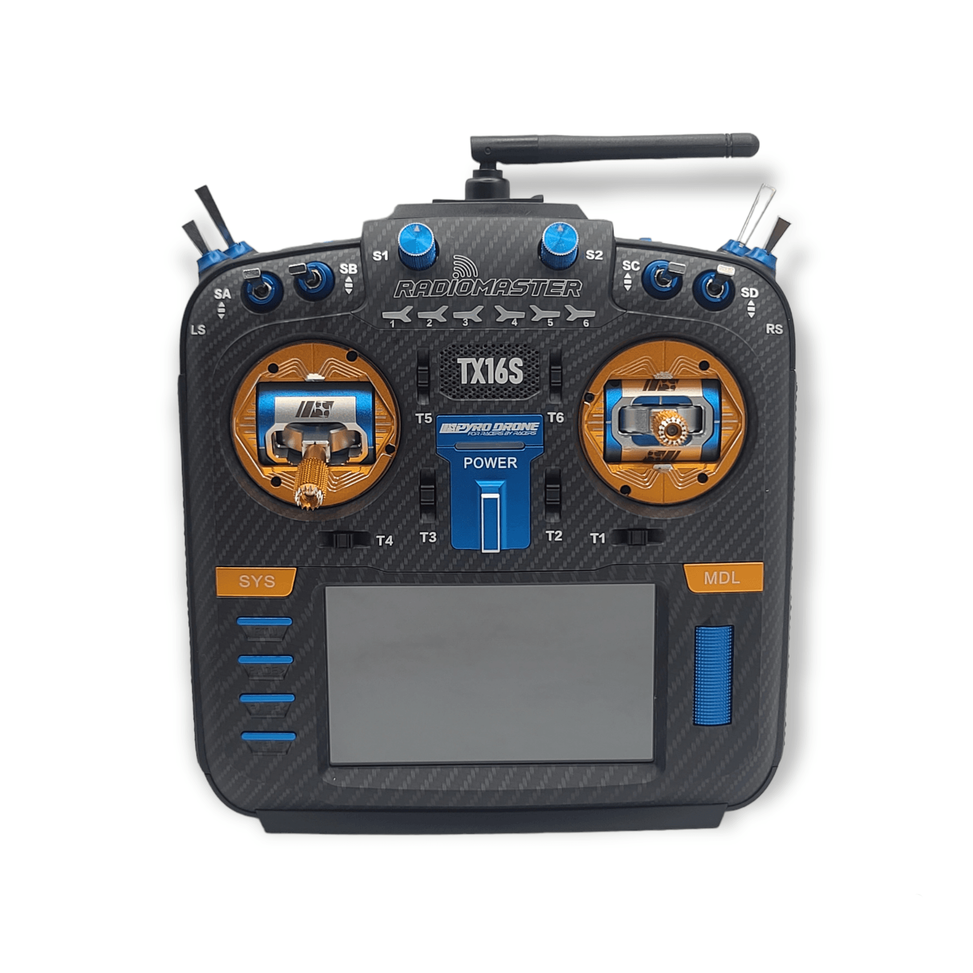 RadioMaster TX16S MKII MAX AG01 Pyrodrone Edition - Carbon Face Plate, Pyro AG01 Gimbals, Blue/Orange CNC parts, Black Leather Grips & 5000mAh 2S Li-Ion Battery - Choose Protocol for fpv drones 3