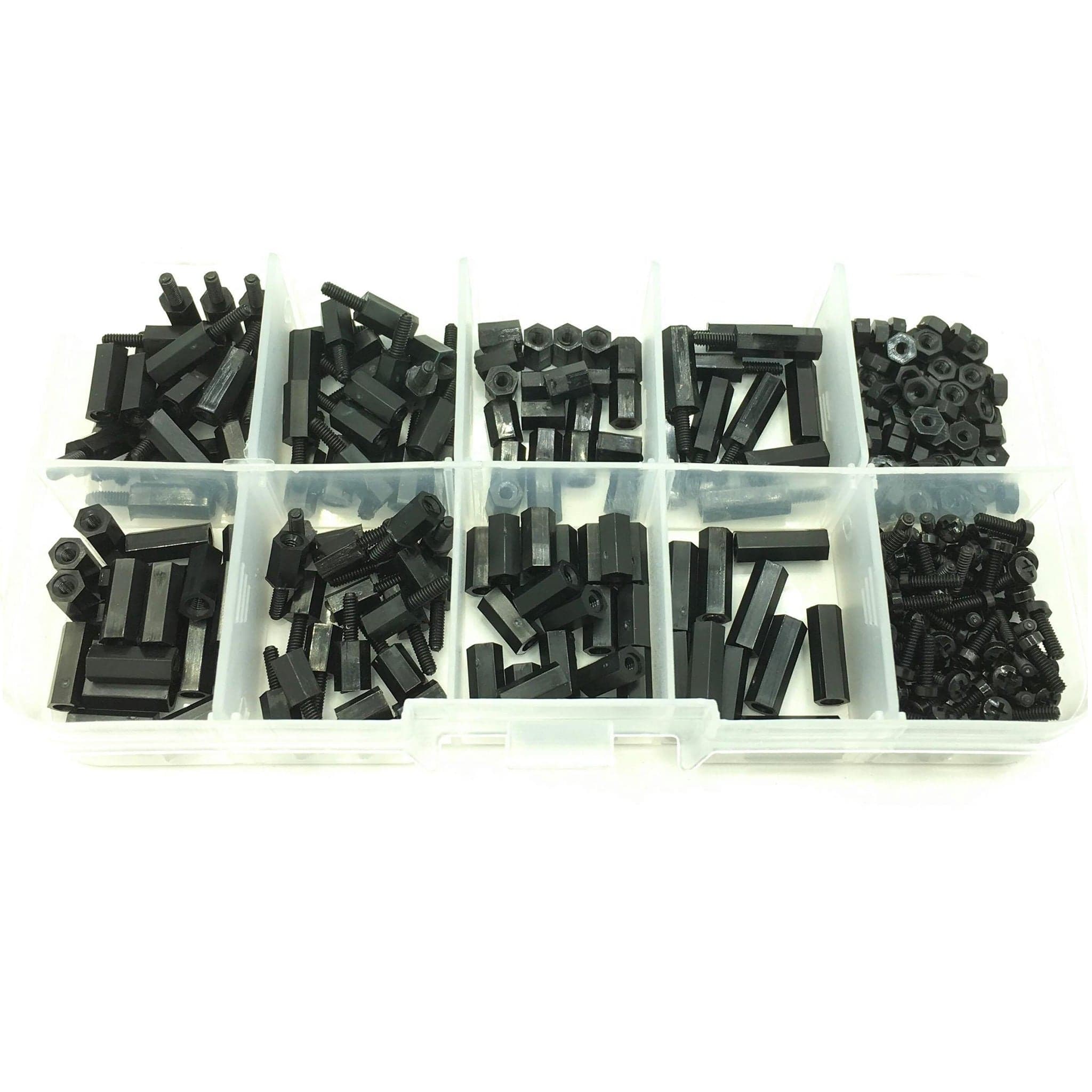300pcs M2 Nylon Black Hex Screw Nut Spacer Stand-off Varied Length Assortment Kit Box for fpv drones