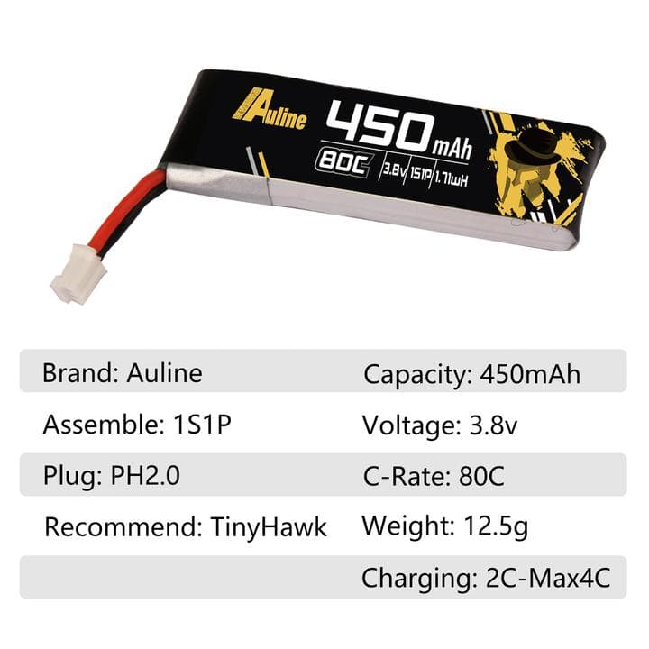 Auline 450mAh HV 3.8v 1S LiPo 80c - PH2.0 (3pcs) for fpv drones 2