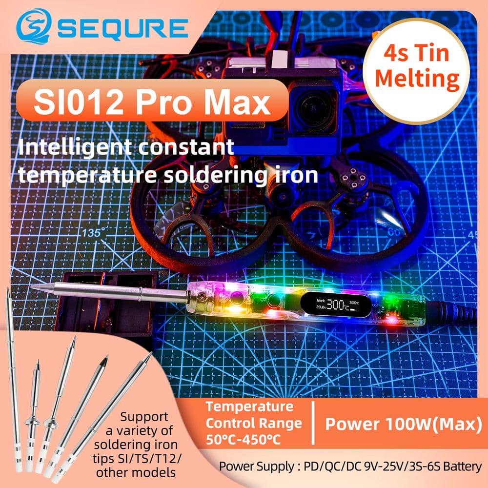 Sequre SI012 Pro Max Mini Soldering Iron w/ T12-BC2 Tip supports PD/QC/3S-6S Battery Power Supply for fpv drones 3