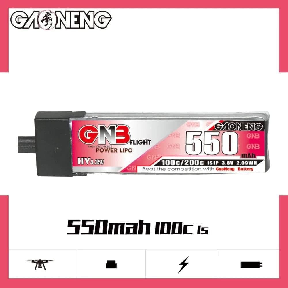 Gaoneng GNB 3.8V 1S 550mAh 100C LiHV Whoop/Micro Battery w/ Plastic Head - A30 for fpv drones 3
