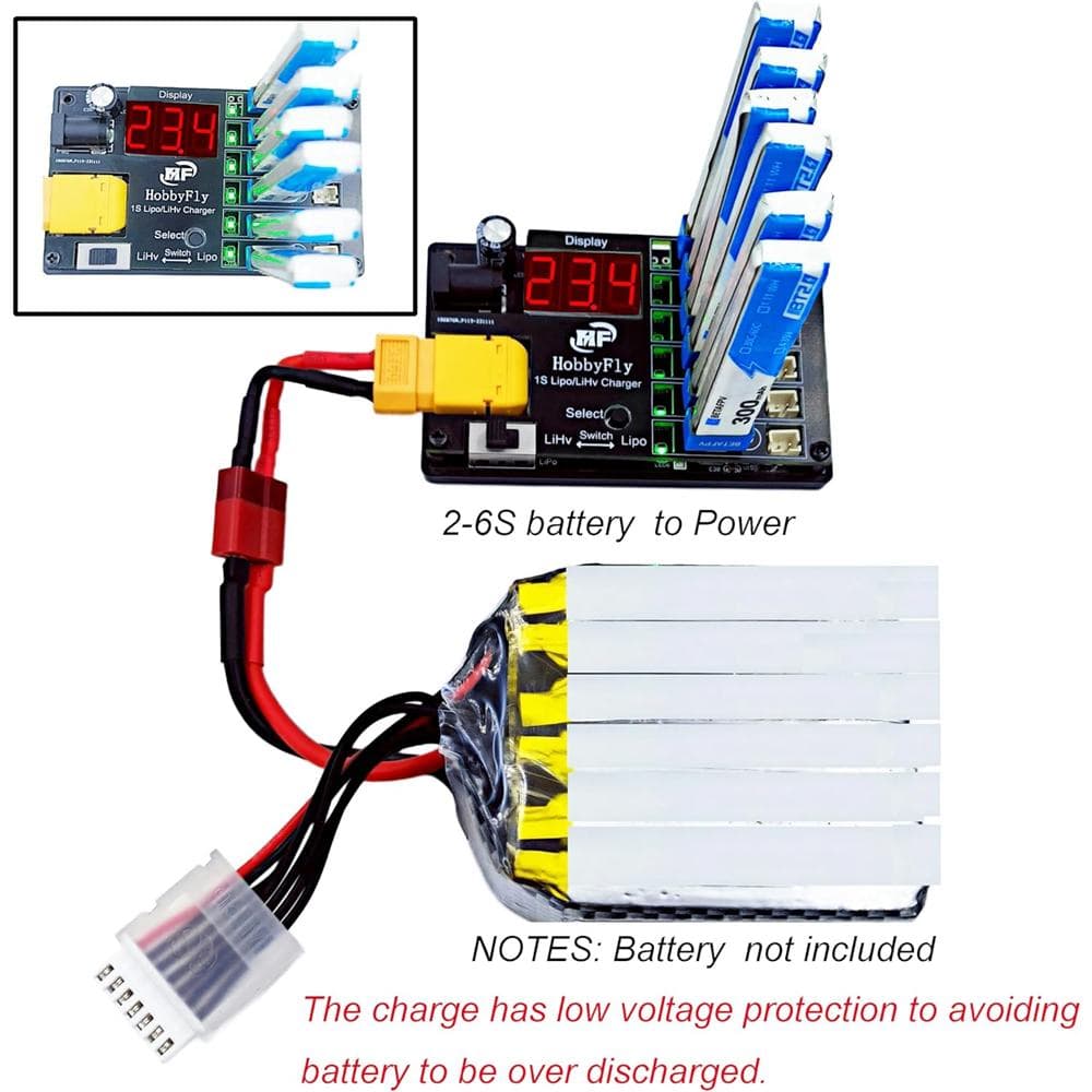 HOBBYFLY 1S LiPo/LiHV Battery Charger 6 Ports BT2.0/PH2.0 Low Voltage Input Protection - with Power Adapter for fpv drones 5