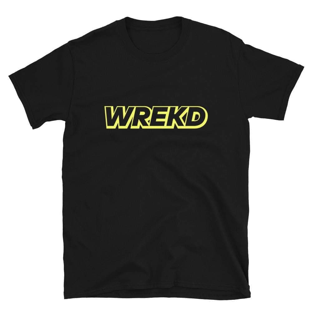 WREKD Yellow on Black Short-Sleeve Unisex Logo Tee for fpv drones