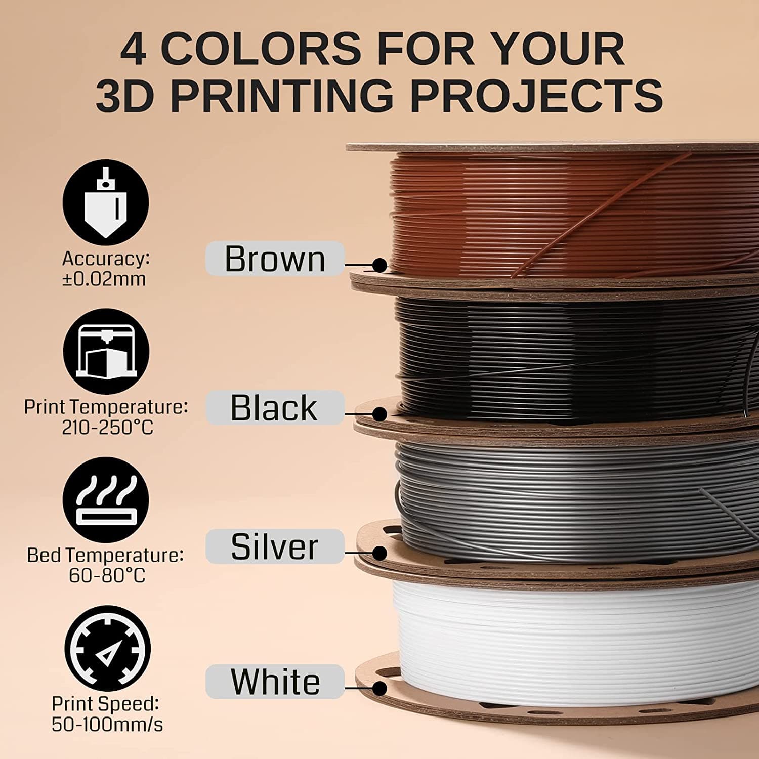 Black, White, Brown, Silver 1.75mm PRO-3 PETG Filament, 500g x 4pack for fpv drones 2