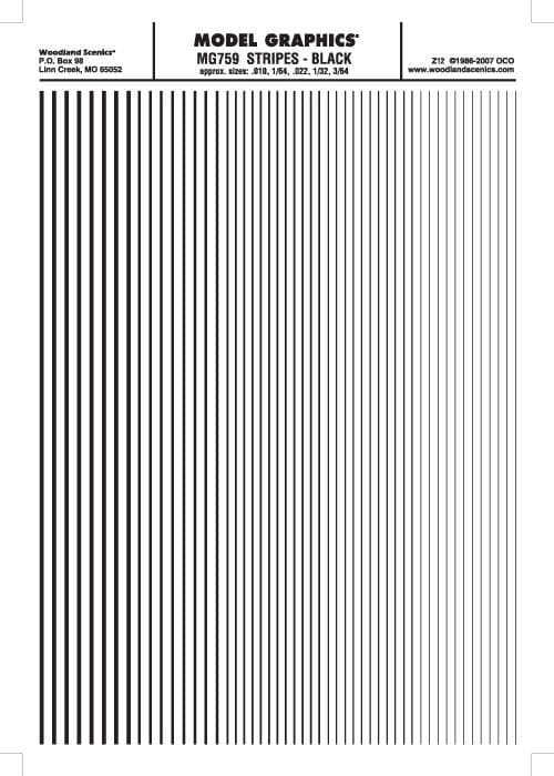 Woodland Scenics MG759 Stripes Black .010 - 3/64" Train Decal Sheet for fpv drones