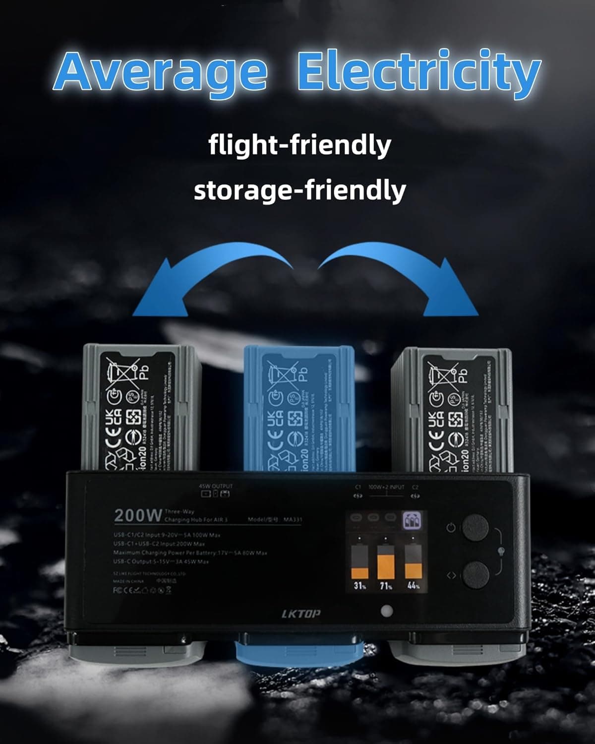 LKTOP 200W Air 3 Series Battey Charging Hub for DJI/Specta Air 3 Series Drone,  with Gather Average Electricity/Fast Charging/Storage/LED/Alarm Mode, LED Display Screen for fpv drones 6